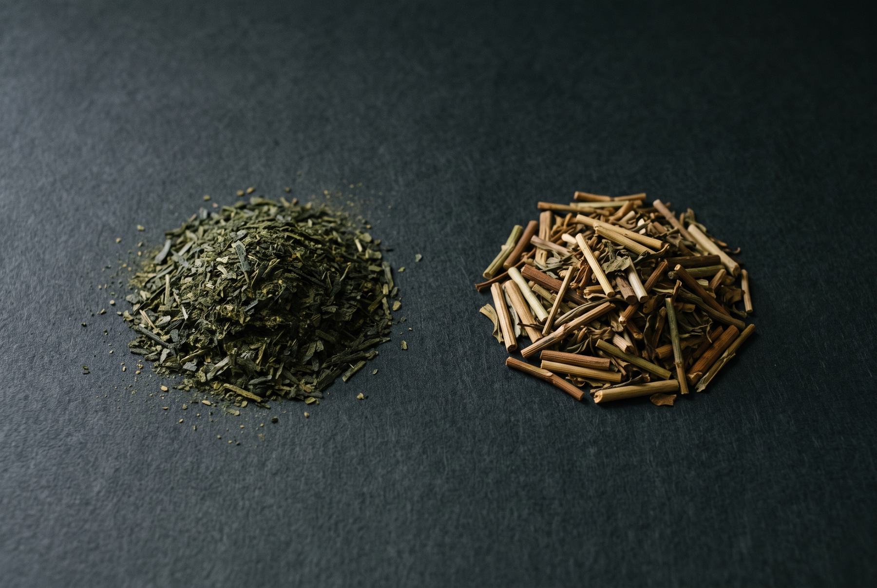 深蒸し煎茶の茶葉と、ほうじ茶の茎