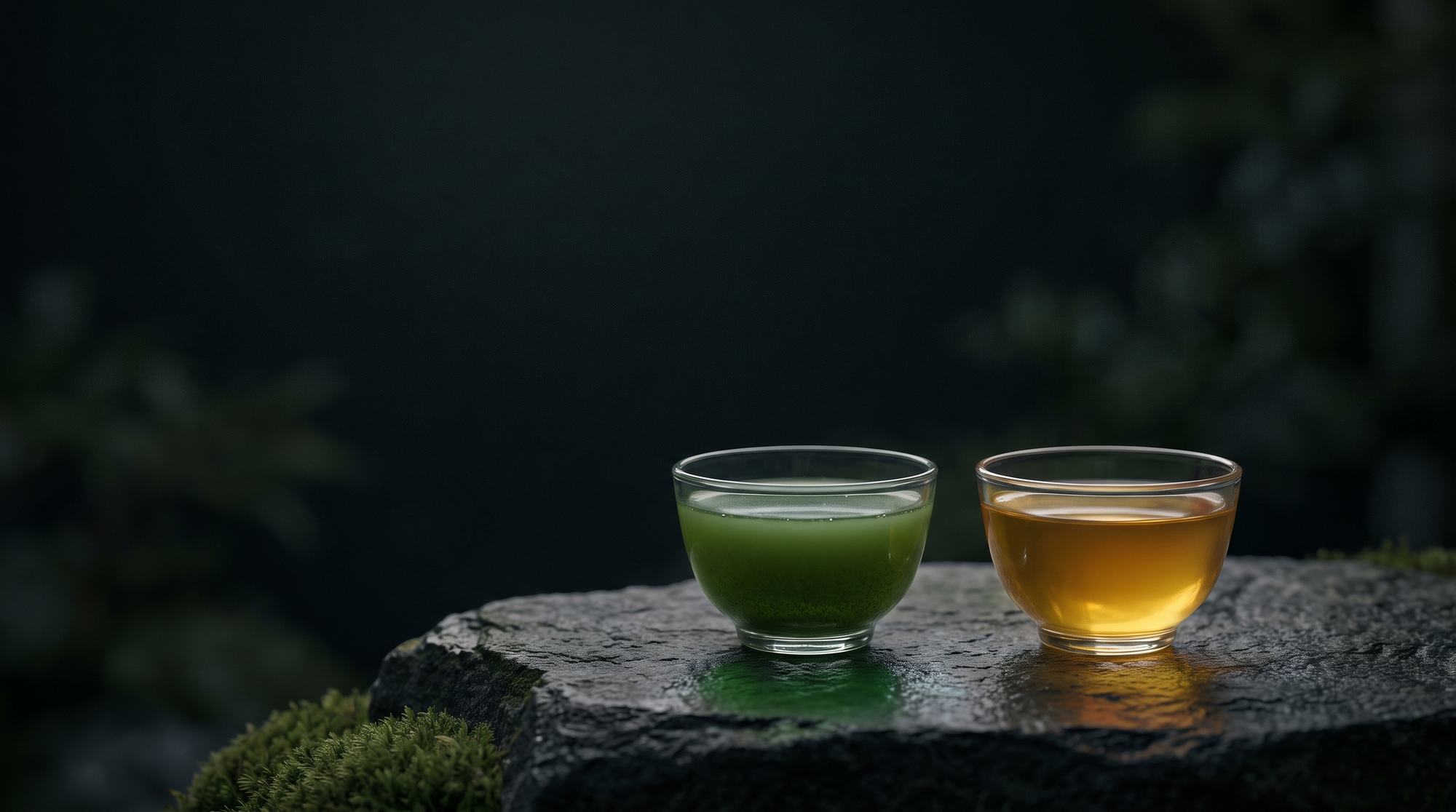 石の上に並ぶ、濃い緑の煎茶と黄金色のほうじ茶